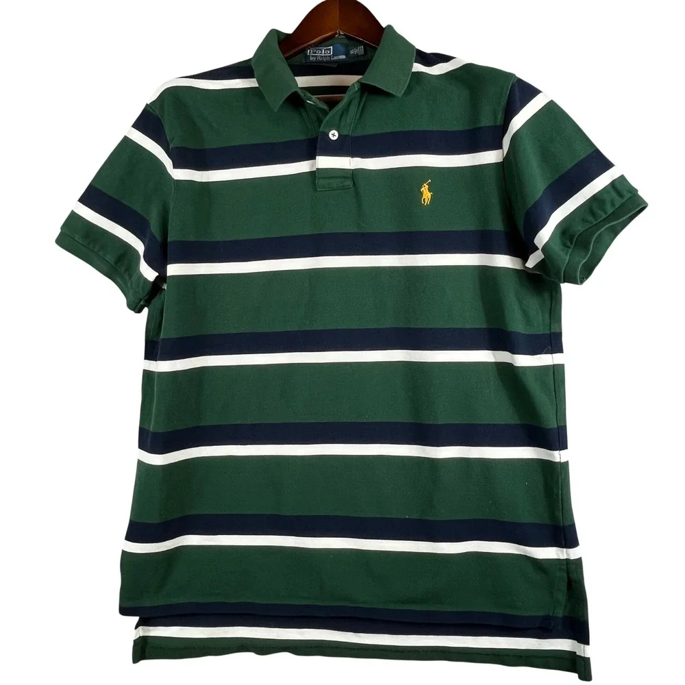 Polo Ralph Lauren XL Custom Fit Green Stripe Polo Shirt Yellow Pony Pique Cotton